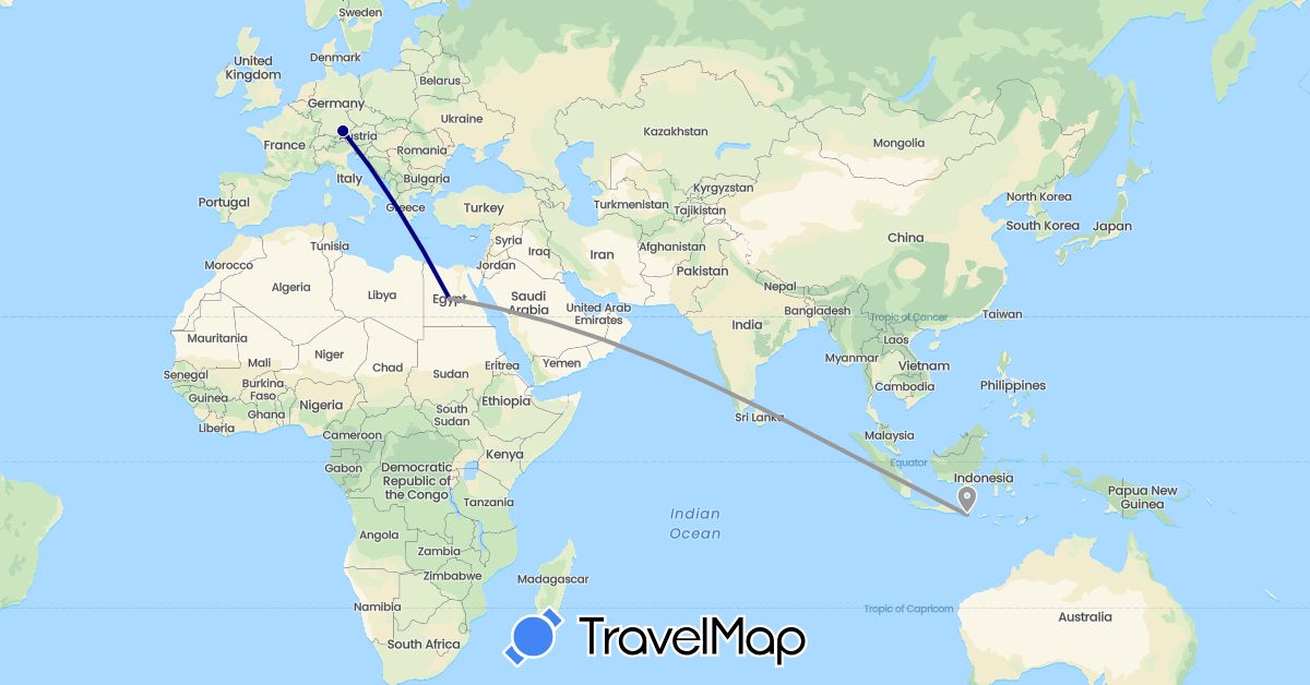 TravelMap itinerary: driving, plane in Germany, Egypt, Indonesia (Africa, Asia, Europe)